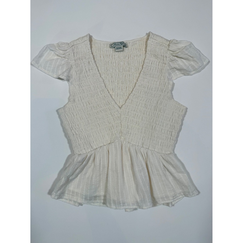 American Eagle Smocked Peplum Top White V-Neck Cap Sleeve XS